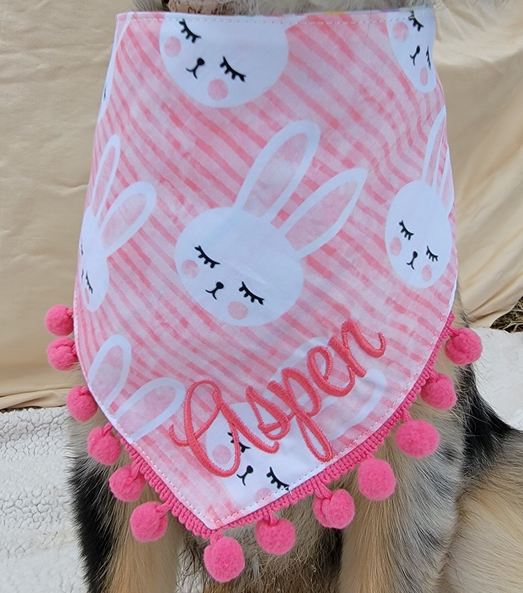 Easter Bunny Striped Dog Bandana, Tie & Snap Style, Personalized Embroidery, Reversible