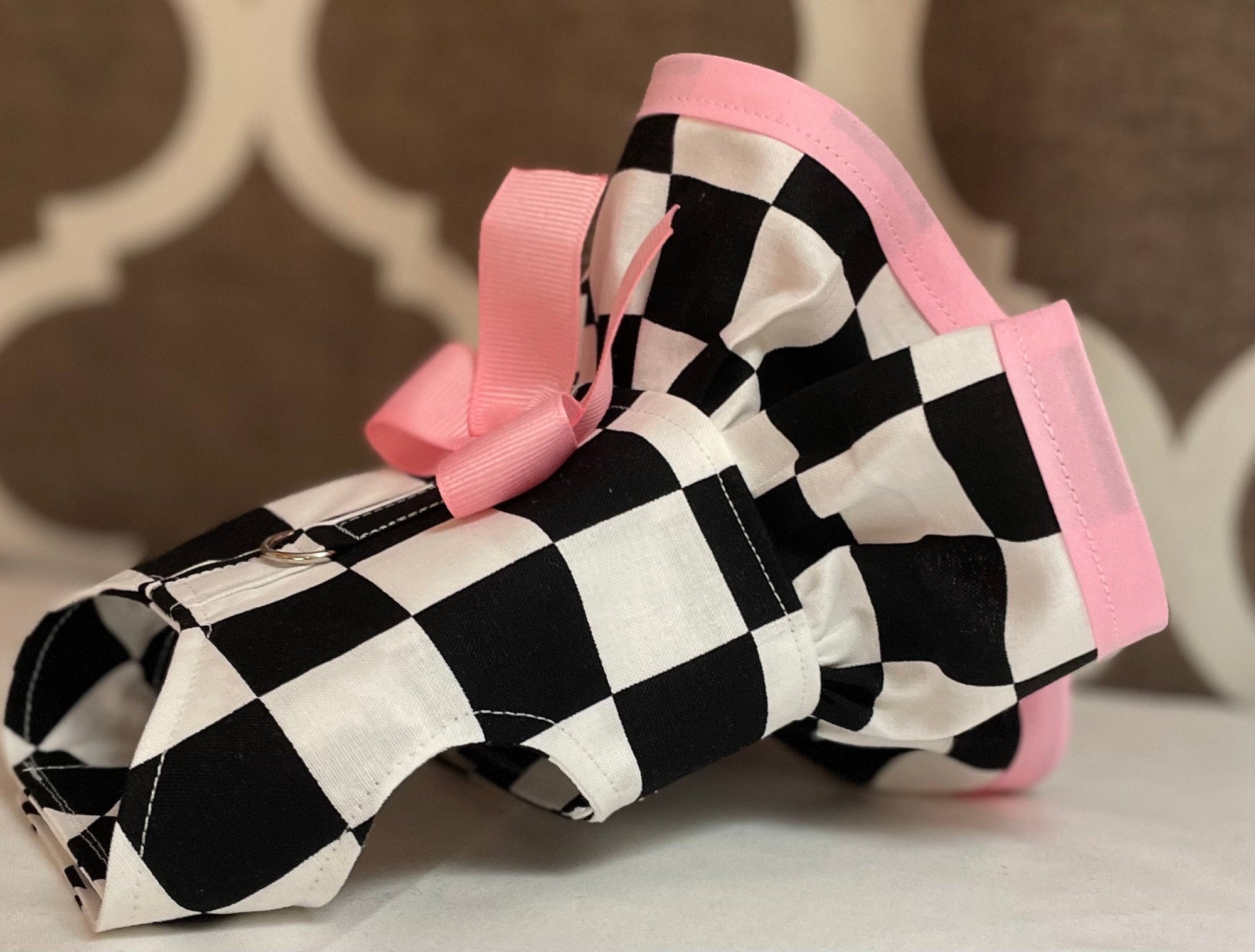 Dresses Checkered Black and White trimmed in Pink Ruffled