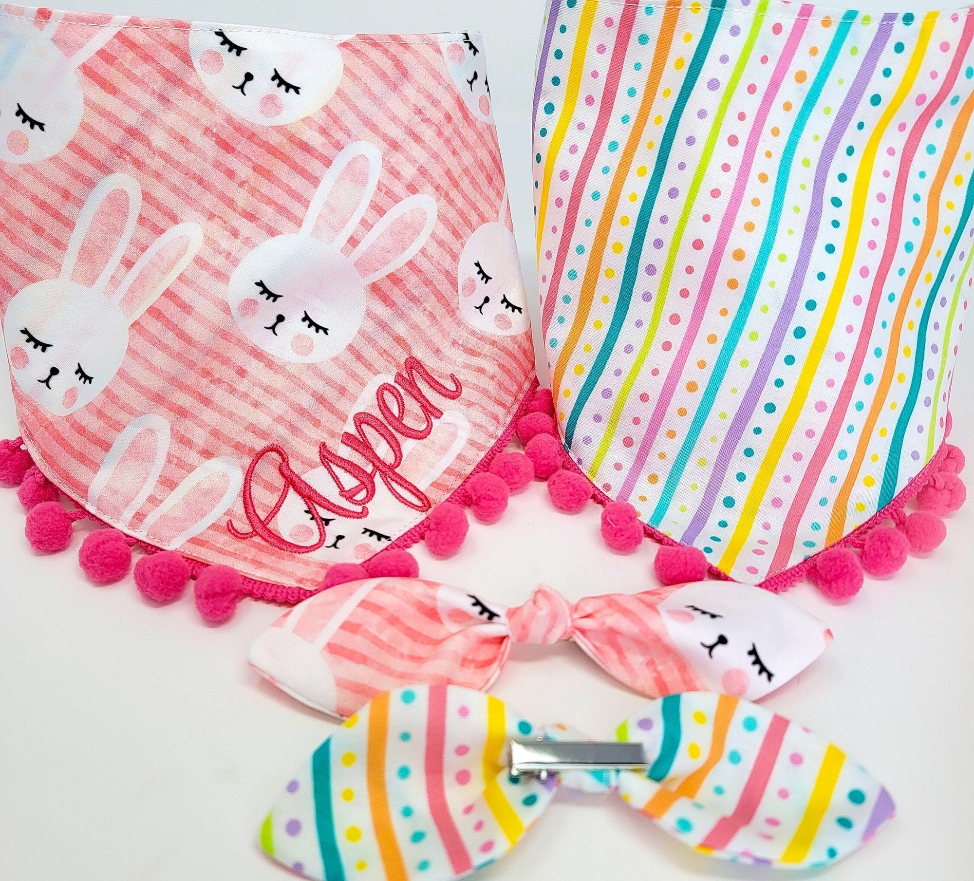Easter Bunny Striped Dog Bandana, Tie & Snap Style, Personalized Embroidery, Reversible