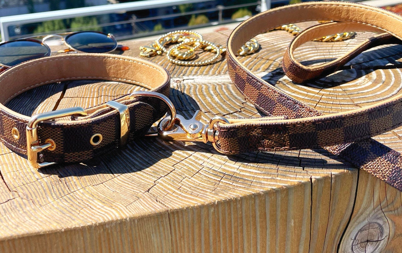 Brown Checkered Luxury Collar and Leash Set