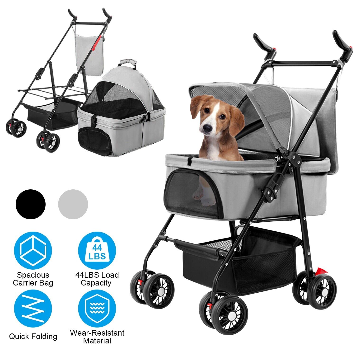 Pet Dog Stroller Travel Carriage 4 Wheeler w/Foldable Carrier Cart & Cup Holder