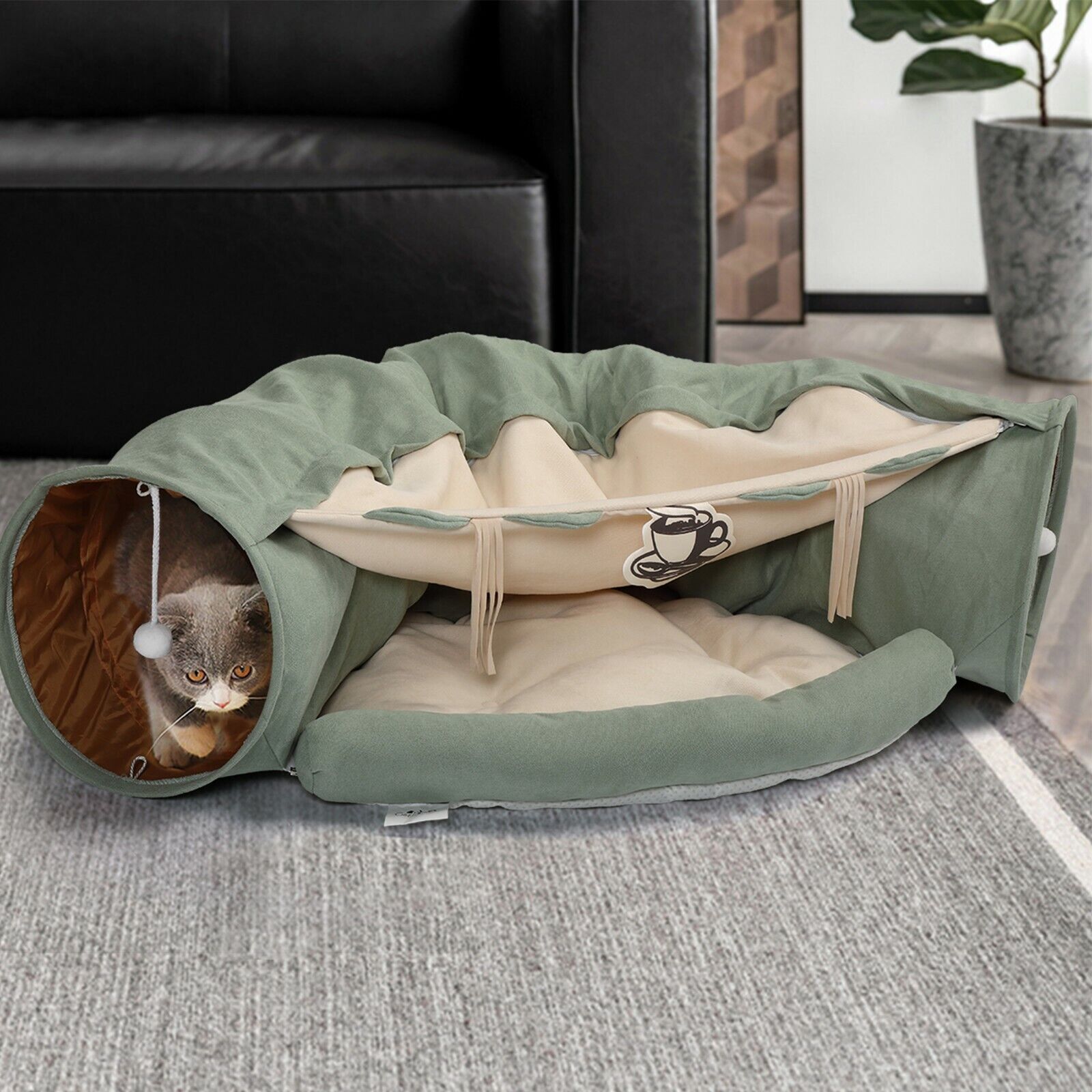 Premium Indoor Cat Tunnel Bed with Hanging Scratching Balls