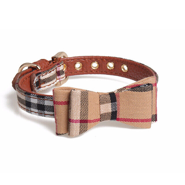 Plaid Dog Collar with Bow Tie, Featuring a Luxury PU Leather Finish and Gold Buckle – Perfect for Cats Too
